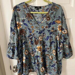 Suzanne Betro Blue & Gold Floral Peasant V Neck Tunic Blouse 3/4 bell sleeves XL